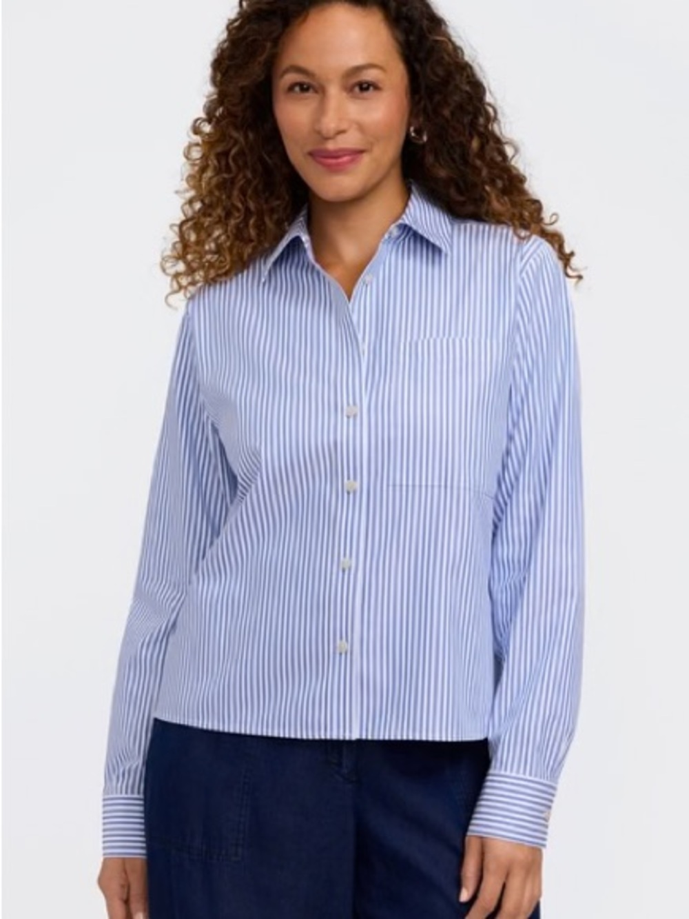 Foxcroft Jodie no iron pinpoint Blue and White Striped Button-Down Shirt